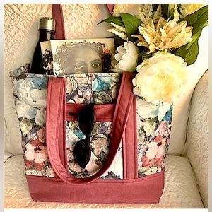 Hand made cloth Tote bag from recycled material, floral, lined, pink & blue